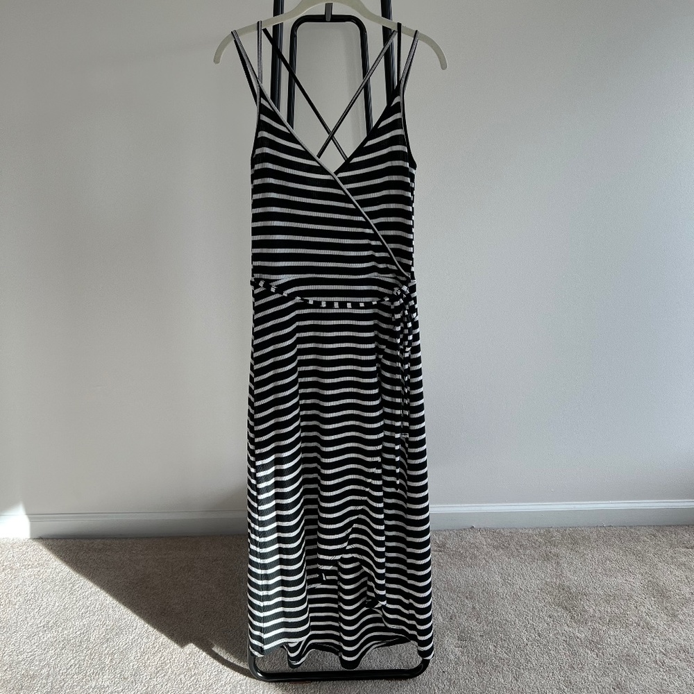 Love, Fire black + white stripe mock wrap dress size medium